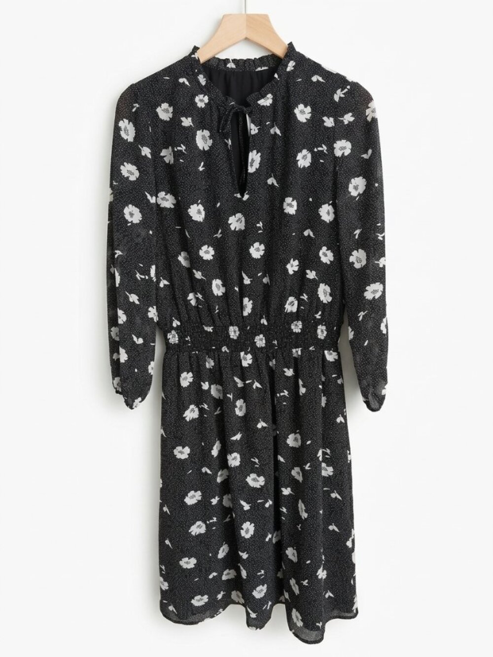 J.Crew Factory Brockhall Floral Tie Neck Midi Dress Black Long Sleeve S NWT